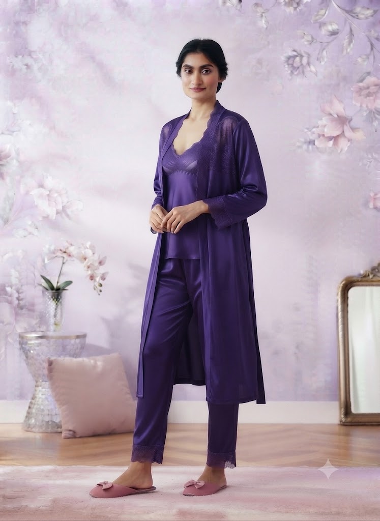 Luxury 3-Piece Jersey Silk Nightwear Set - Gown, Inner & Trouser