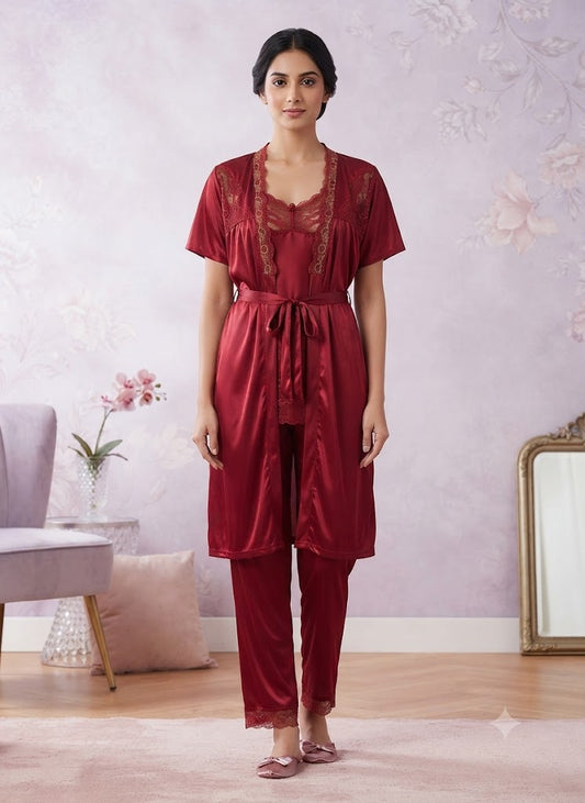 Luxury 3-Piece Jersey Silk Nightwear Set - Gown, Inner & Trouser