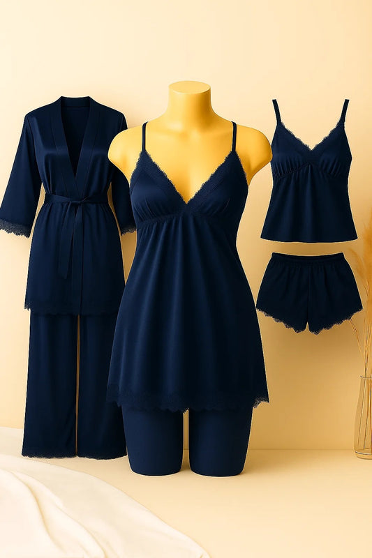 Luxury 5-Piece Satin Nightwear Set – Camisole, Shorts, Gown/Inner & Trouser Collection With Different Colors