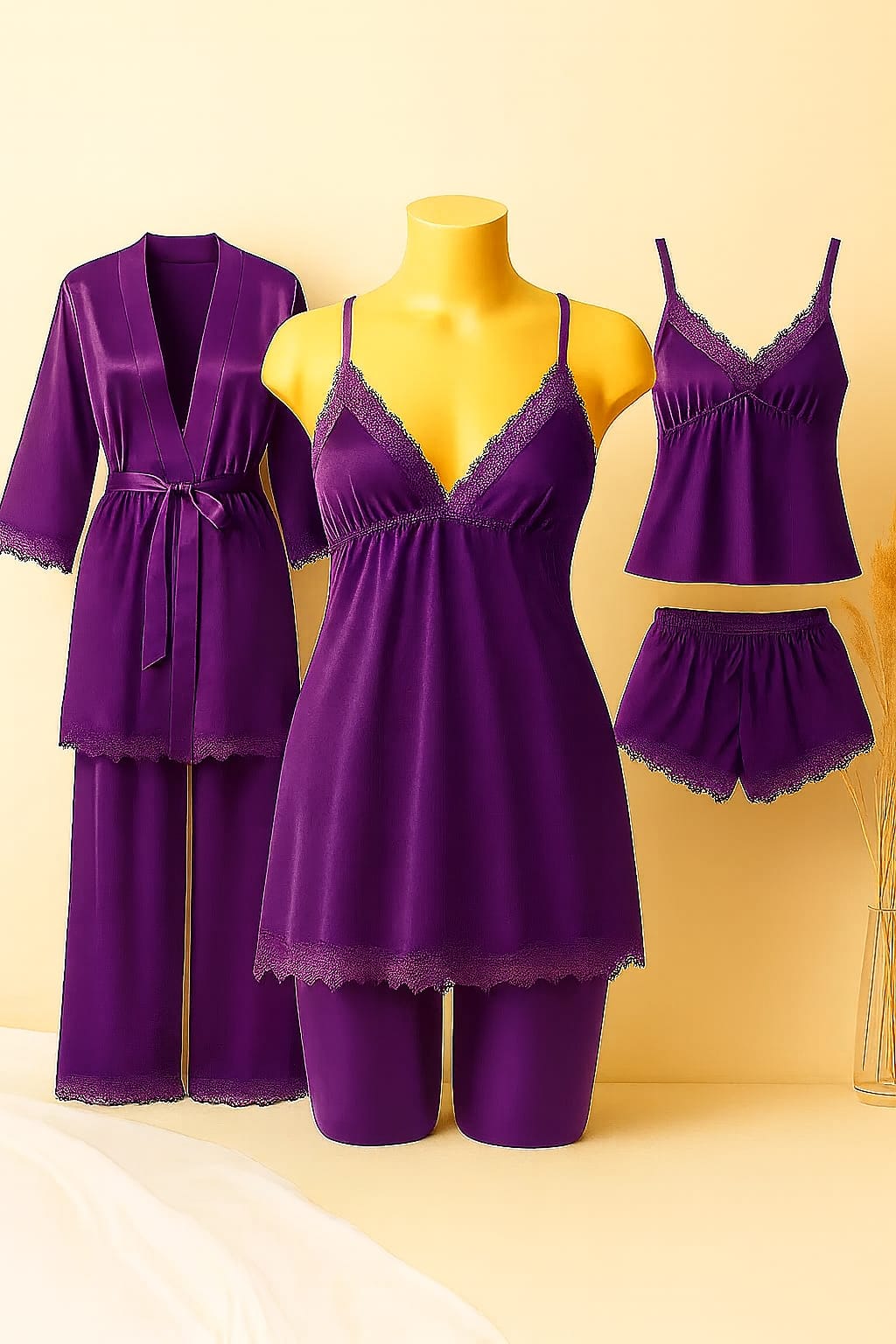 Luxury 5-Piece Satin Nightwear Set – Camisole, Shorts, Gown/Inner & Trouser Collection With Different Colors
