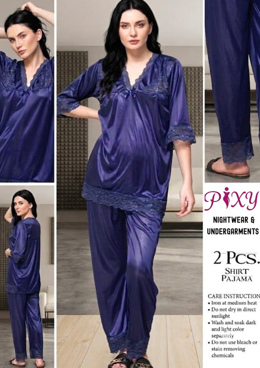 Pixy Women's 2-Piece Jersey Silk  Nightwear Set - Lace Trim Shirt & Pajama