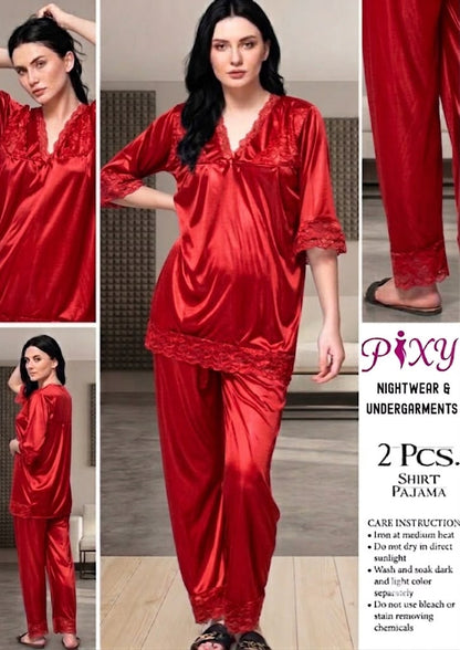 Pixy Women's 2-Piece Jersey Silk  Nightwear Set - Lace Trim Shirt & Pajama