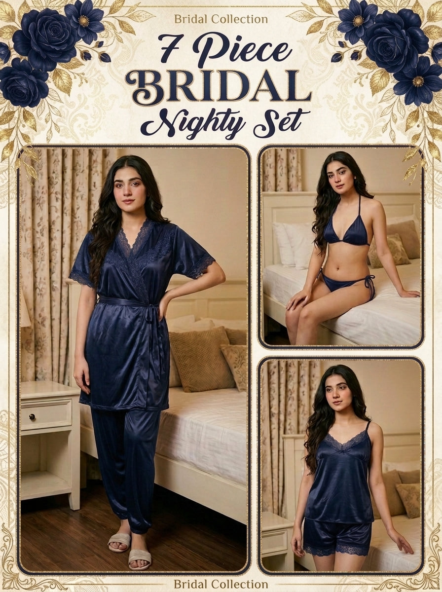 7-Pcs Bridal  Silk Jersey Nighty Set Long Gown ,Inner , camisole , short , Trouser  & Bikni Set