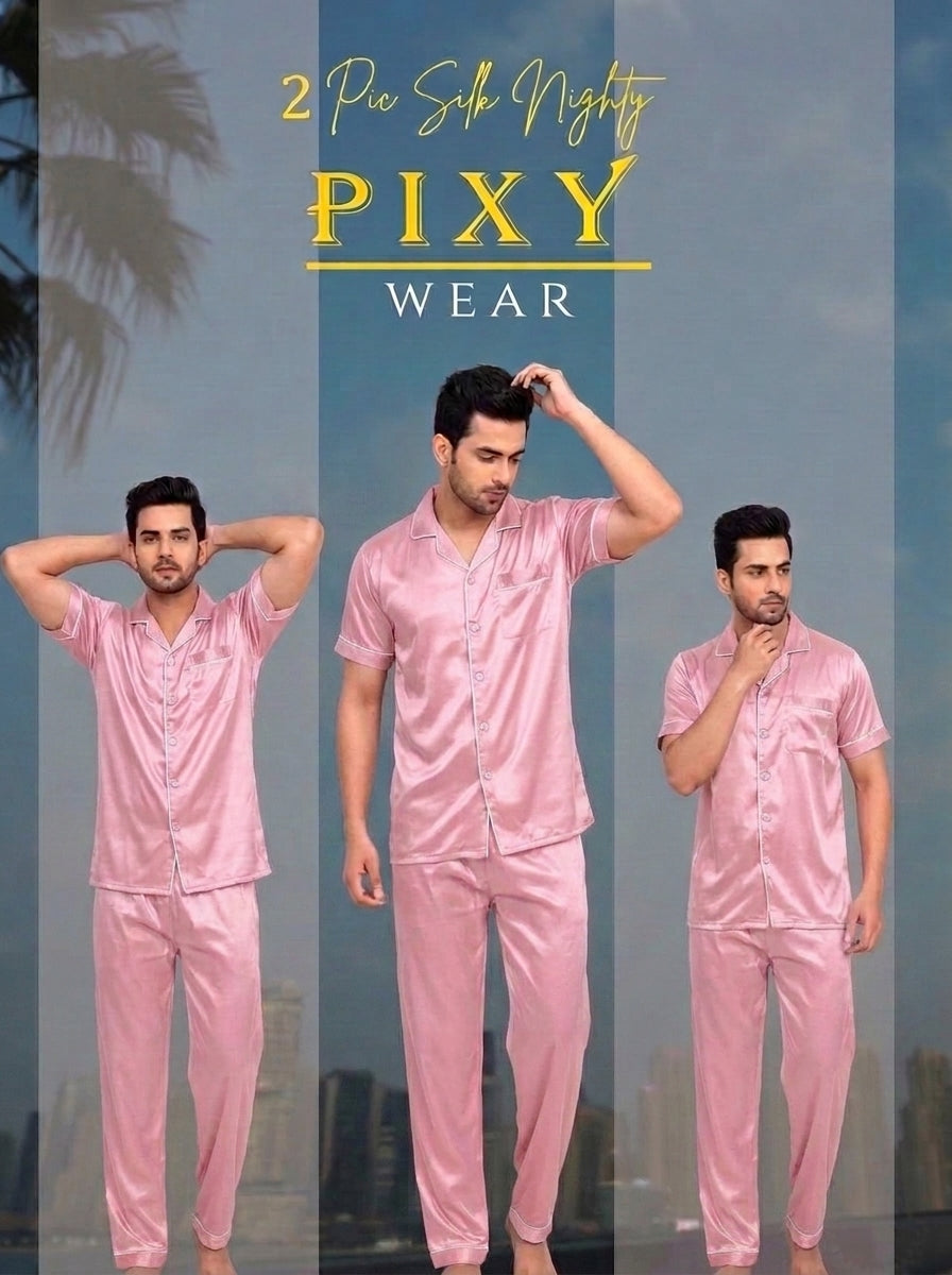 Mens 2 Piece Silk Night suite  – Button Down Pajama Set | 5 Colors Available