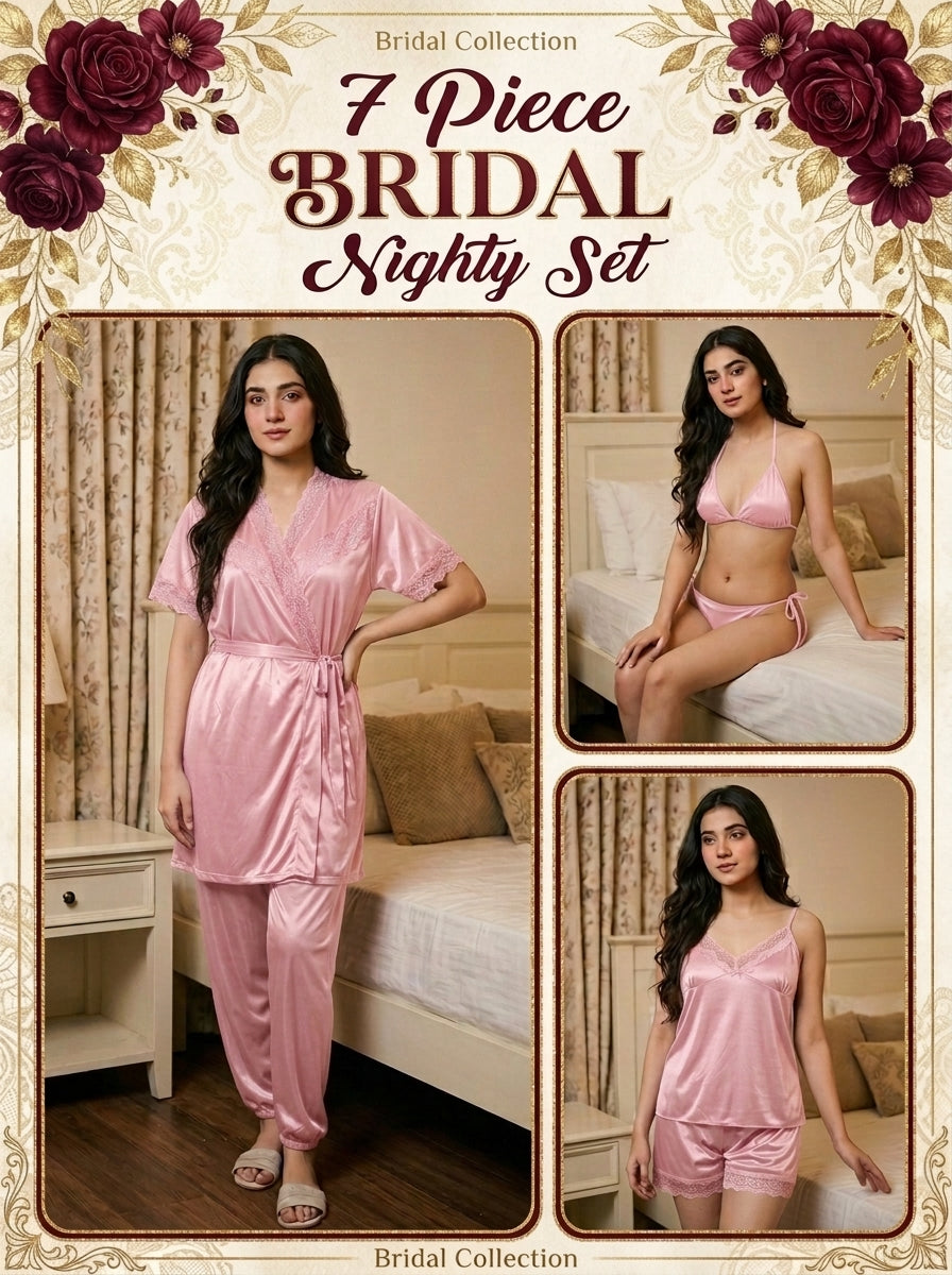 7-Pcs Bridal  Silk Jersey Nighty Set Long Gown ,Inner , camisole , short , Trouser  & Bikni Set