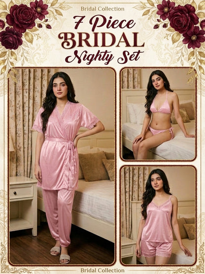 7-Pcs Bridal  Silk Jersey Nighty Set Long Gown ,Inner , camisole , short , Trouser  & Bikni Set