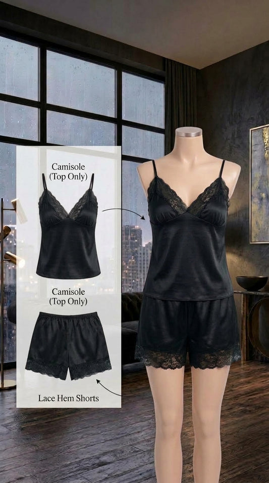 2 Pcs Silk Jersey Camisole & Lace Shorts Nightwear Set