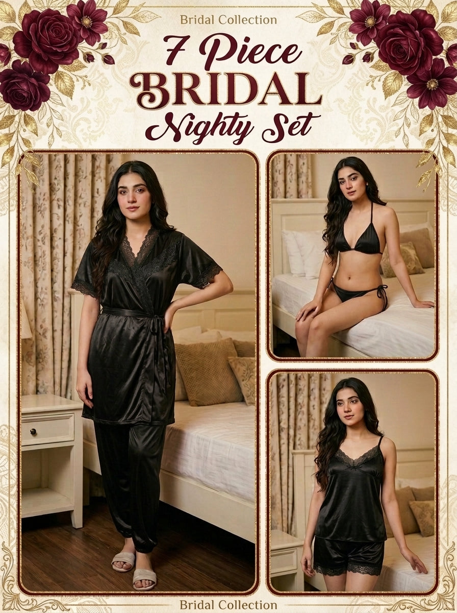 7-Pcs Bridal  Silk Jersey Nighty Set Long Gown ,Inner , camisole , short , Trouser  & Bikni Set