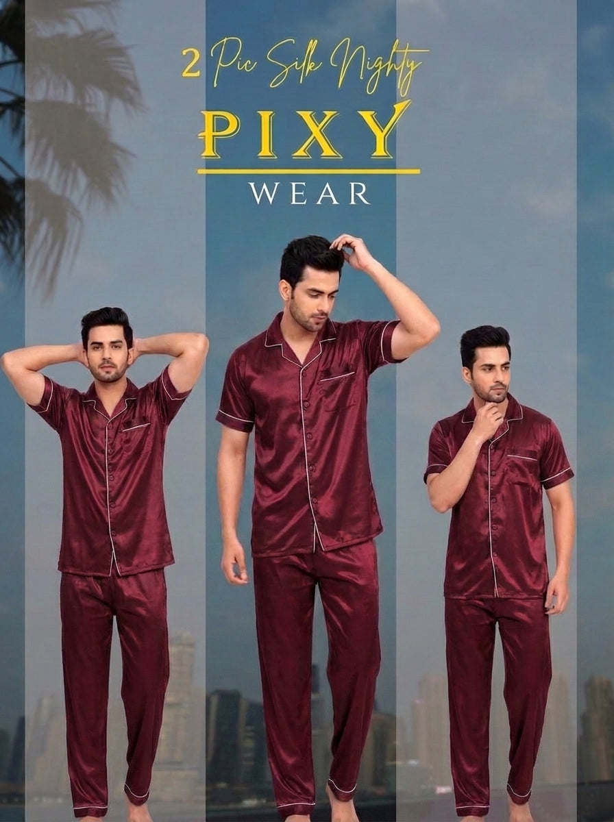 Mens 2 Piece Silk Night suite  – Button Down Pajama Set | 5 Colors Available