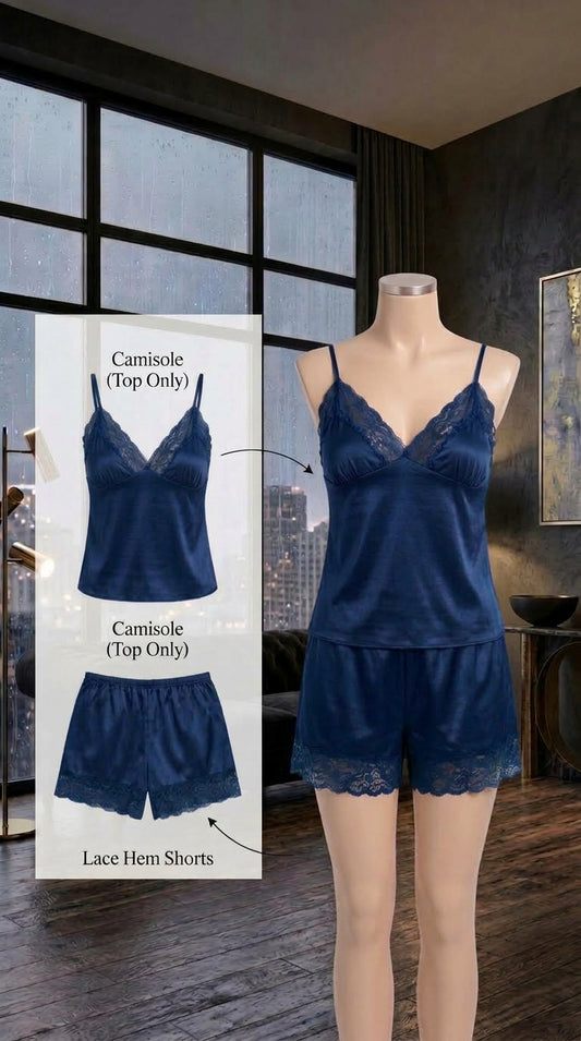 2 Pcs Silk Jersey Camisole & Lace Shorts Nightwear Set