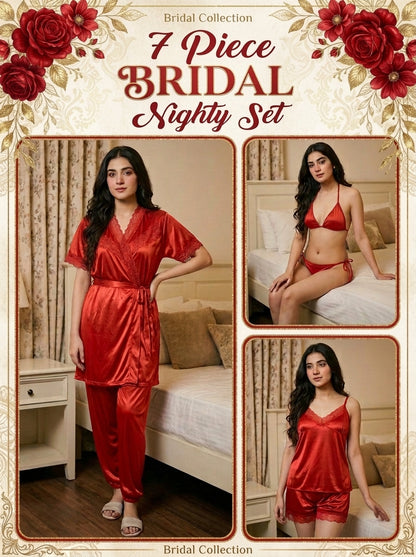 7-Pcs Bridal  Silk Jersey Nighty Set Long Gown ,Inner , camisole , short , Trouser  & Bikni Set