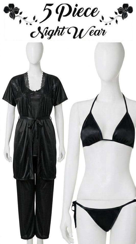 5-Piece Satin Nightwear Set for Women – Lace Robe, Camisole, Bra, Panty & Pajama Set