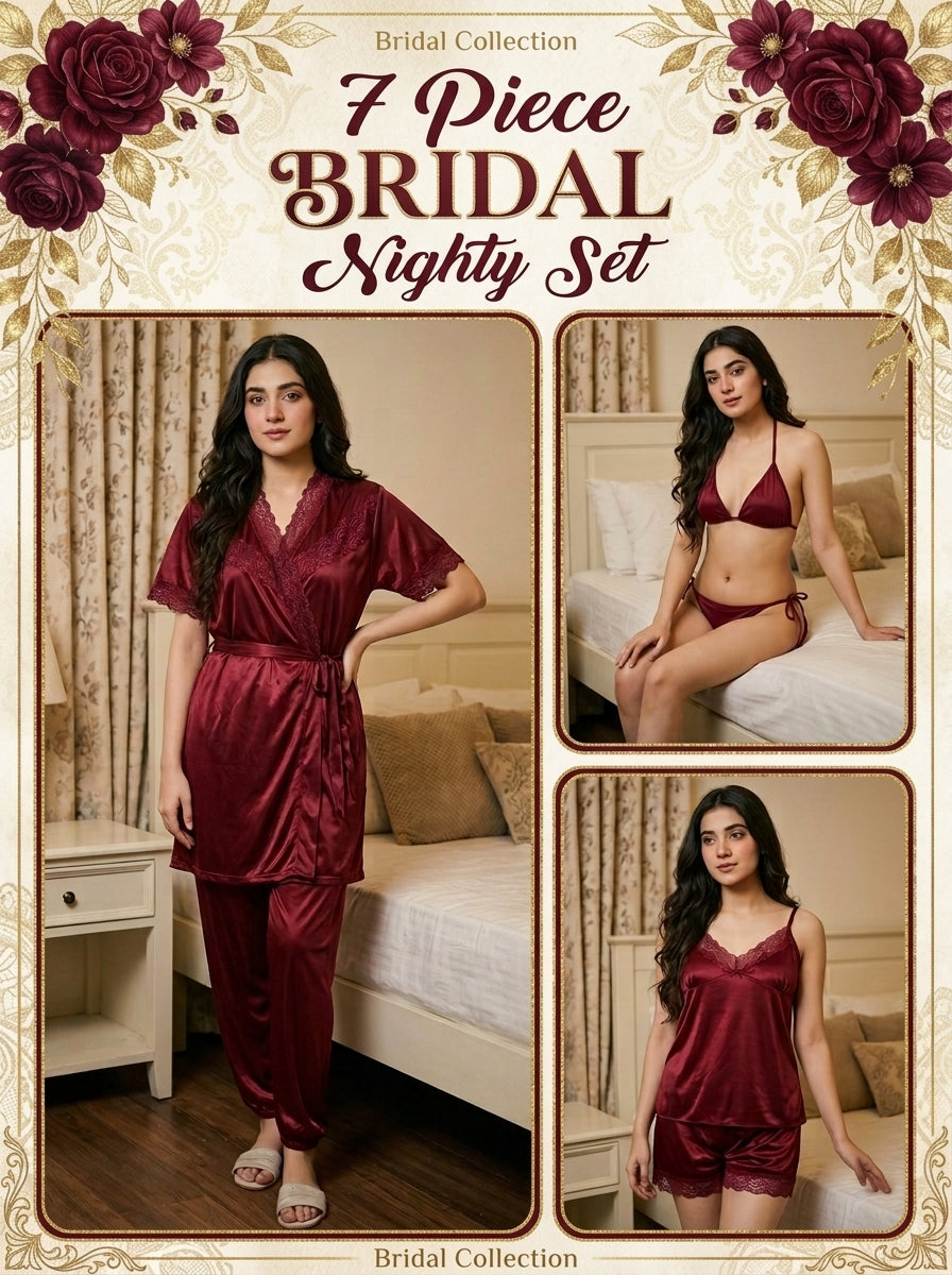 7-Pcs Bridal  Silk Jersey Nighty Set Long Gown ,Inner , camisole , short , Trouser  & Bikni Set