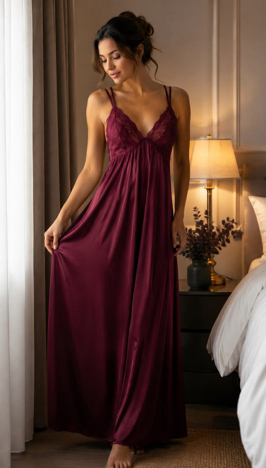 Pixy Elegant Lace Nighty for Women – Full Length Nightdress | Multiple Colors